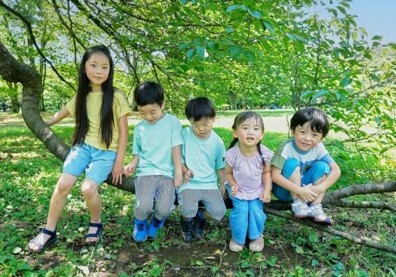 子供達が木に座り遊んでいる
